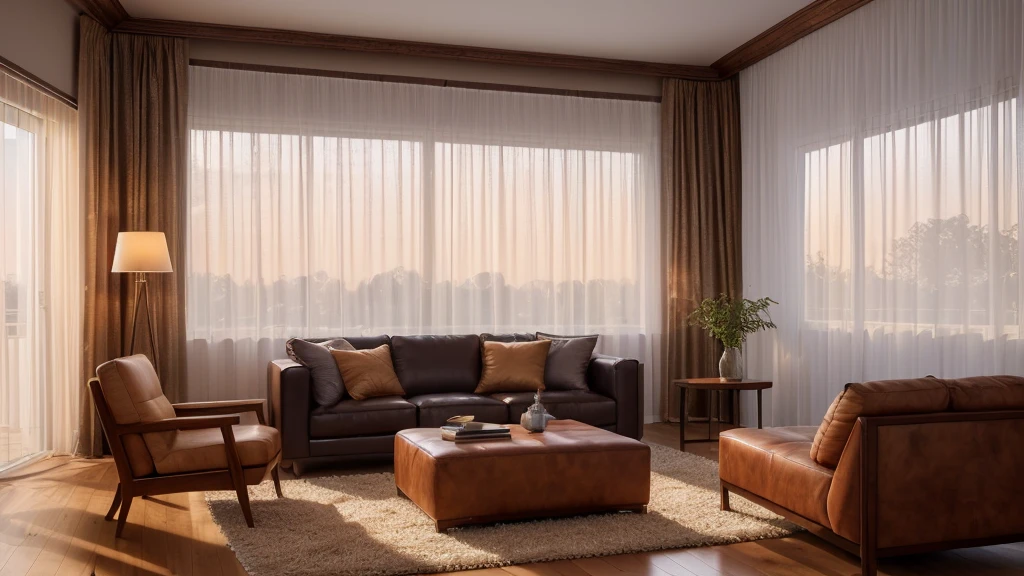 (Masterpiece), (photorealistic:1.5), (of the highest quality:1.4, 8k, raw photo, ultra high resolution, Professional lighting, Perfect dynamic composition, film grain, chromatic aberration, (bokeh:1.1), sophisticated, Surreal, high detail, golden ratio, stunning view of a contemporary style living room , with various furniture in brightly colored leather, very polished and shiny dark wood carpentry, contemporary lamps, natural lighting through large windows with white curtains blowing in the wind, at sunset with reddish clouds in the background