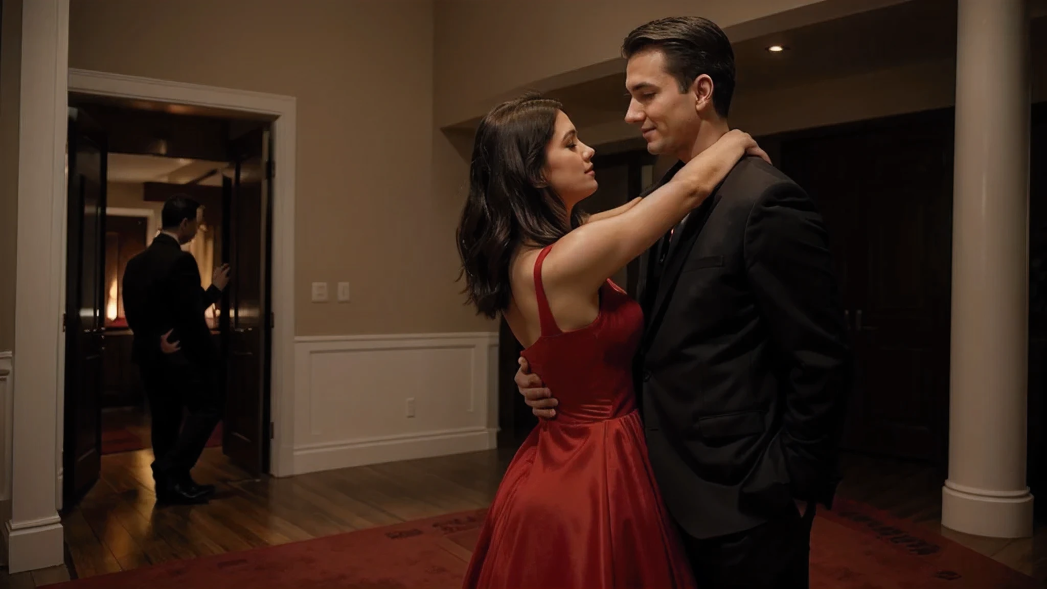 Mujer y hombre juntos bailando. She with white skin short black hair in a red dress eyes closed and a small smile holds a man&#39;s hand on her face. El sin saber que esta pasando, mantiene su mano en el rostro de ella. El usa un sombrero y traje. A el se lo ve detras y ella de frente 