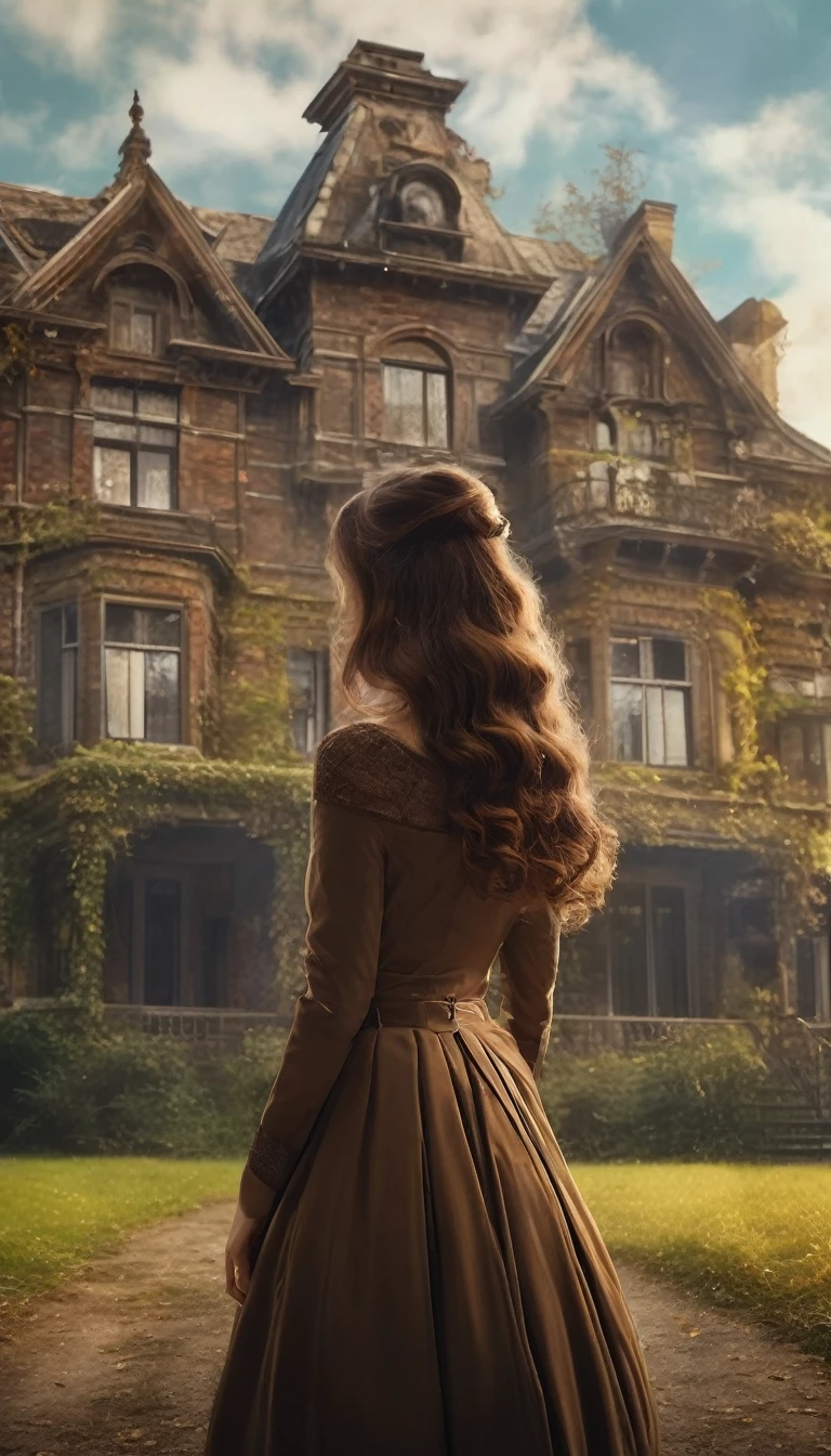 (masterpiece, best quality:1.2), rear view of a young woman with wavy brown hair, standing in front of an old, imposing mansion, holding keys and looking at the house curiously.