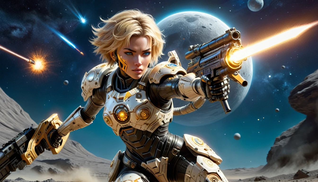 a female mech warrior in battle on a moon in space, full body shot, action shot, a tough and beautiful female mech warrior, short blond hair, dynamic eye color, intent gaze, ultra detailed face, best detailed face, she wears mech armor, and massive sci-fi gun, in battle, outer space background, stars, vibrant, Ultra-high resolution, High Contrast, (masterpiece:1.5), highest quality, Best aesthetics), best details, best quality, highres, (ultra wide angle: 1.2), 16k, ultra detailed, masterpiece, best quality, (extremely detailed),aetherpunkai, Mechanical Creatures, assault rifle