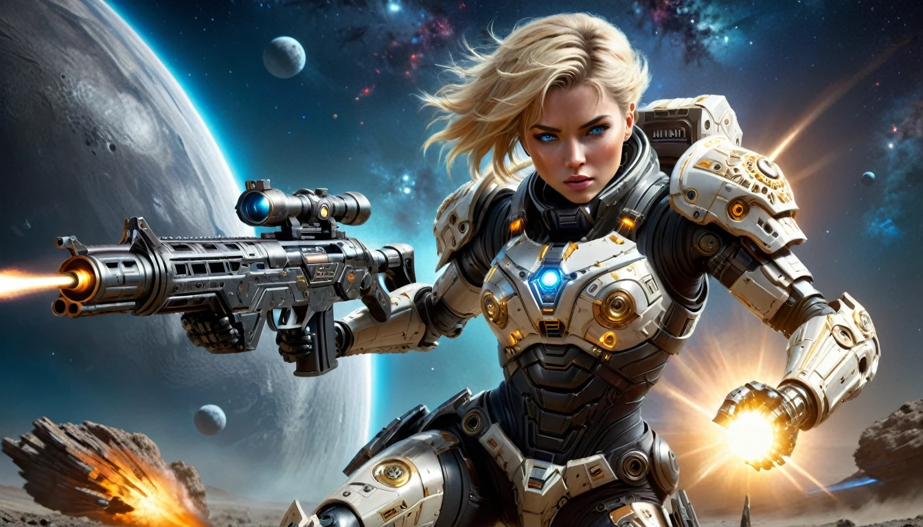 a female mech warrior in battle on a moon in space, full body shot, action shot, a tough and beautiful female mech warrior, short blond hair, dynamic eye color, intent gaze, ultra detailed face, best detailed face, she wears mech armor, and massive sci-fi gun, in battle, outer space background, stars, vibrant, Ultra-high resolution, High Contrast, (masterpiece:1.5), highest quality, Best aesthetics), best details, best quality, highres, (ultra wide angle: 1.2), 16k, ultra detailed, masterpiece, best quality, (extremely detailed),aetherpunkai, Mechanical Creatures, assault rifle