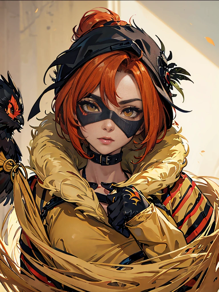 ((Masterpiece, of the highest quality)), detailed face, character design sheet， whole body, full of details, front view, rear view of the body., Very detailed, female, The face seems mysterious., safe , orange red hair color, Short Bob Style ,skin color is white., The eyes are dark green., Eyes sharp as a hawk, There is a dark red border in the corner of the eye... Clothes: The fur is black with green stripes.., Long sleeve and hood.. Wear a mask with a black hawk..&#39;His mouth covered his mouth and his nose.., glove, look, Bermuda, The socks reach the knee and are covered with knee pads.., canvas shoes, and holding a futuristic style rifle.