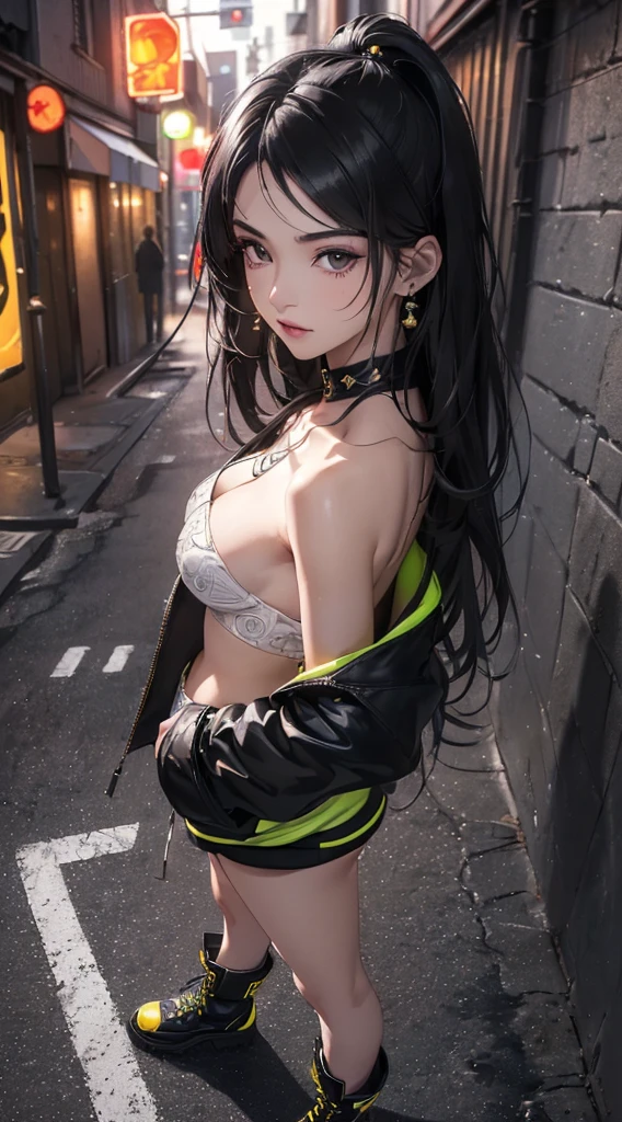 (((8k wallpaper of extremely detailed CG unit:1.2, masterpiece, hight resolution:1.2, top-quality:1.2, masutepiece))), ((a very beautiful woman, Hands in pockets:1.8, Street fashion:1.2, wearing a colorful jacket:1.2, Wearing boots)), ((extra detailed face, Highly detailed black eyes, extra detailed body, Top quality real texture skins)), (color hair:1.2, de pele branca, Small, exposed shoulder), ((Empty alley, Mileland. natta, Neon Street)), (high-angle, a closeup, Fisheye), hyper realisitic, digitial painting,