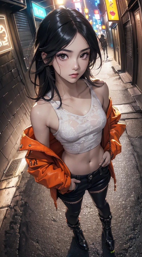 (((8k wallpaper of extremely detailed CG unit:1.2, masterpiece, hight resolution:1.2, top-quality:1.2, masutepiece))), ((a very beautiful woman, Hands in pockets:1.8, Street fashion:1.2, wearing a colorful jacket:1.2, Wearing boots)), ((extra detailed face, Highly detailed black eyes, extra detailed body, Top quality real texture skins)), (color hair:1.2, de pele branca, Small, exposed shoulder), ((Empty alley, Mileland. natta, Neon Street)), (high-angle, a closeup, Fisheye), hyper realisitic, digitial painting,