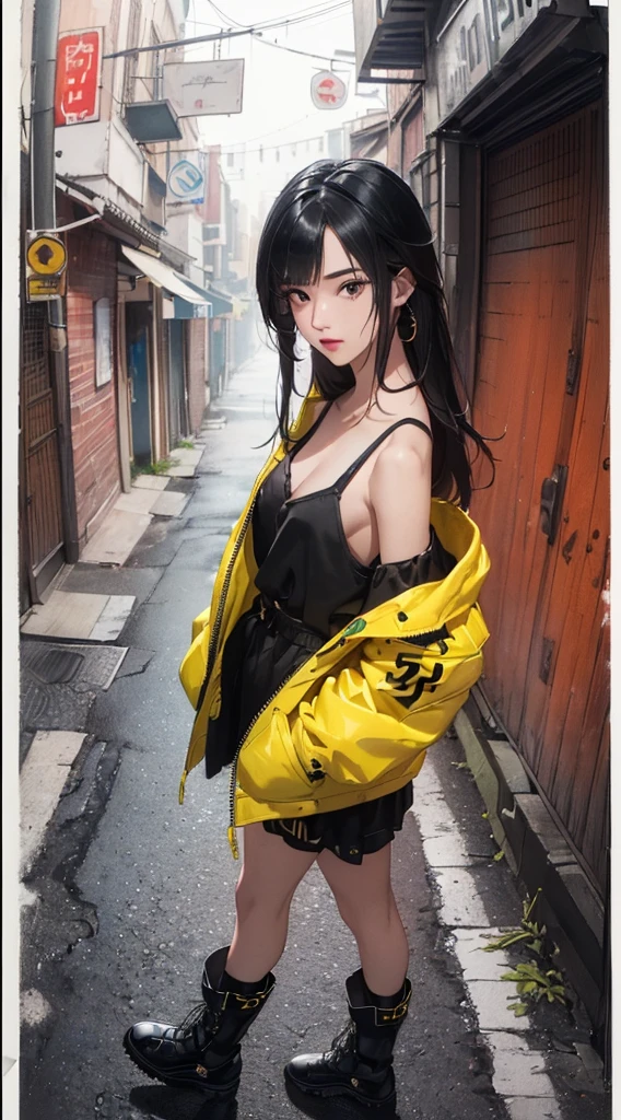 (((8k wallpaper of extremely detailed CG unit:1.2, masterpiece, hight resolution:1.2, top-quality:1.2, masutepiece))), ((a very beautiful woman, Hands in pockets:1.8, Street fashion:1.2, wearing a colorful jacket:1.2, Wearing boots)), ((extra detailed face, Highly detailed black eyes, extra detailed body, Top quality real texture skins)), (color hair:1.2, de pele branca, Small, exposed shoulder), ((Empty alley, Mileland. natta, Neon Street)), (high-angle, a closeup, Fisheye), hyper realisitic, digitial painting,