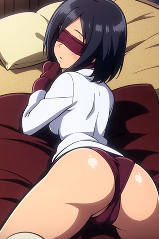 tennis girl's massive rear butt cheeks out of bottomless slutty mini sweater out bare, showing her butt, lying down, on bed, wearing oven mittens under big pillow, blindfold