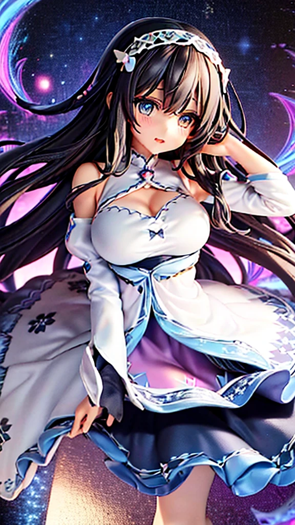 best quality, extremely detailed, anime style adult 1girl, long hair down to the waist, straight hair, ((dark black hair with bluish)), beautiful detailed eyes, pinched eyes, dark blue eyes, huge breasts,curvy, ((((kawaii white base colorful magical dress)))),((trousers)),hair accessory,((mysterious item in mysterious place)),dynamic pose,magic square,game cg,