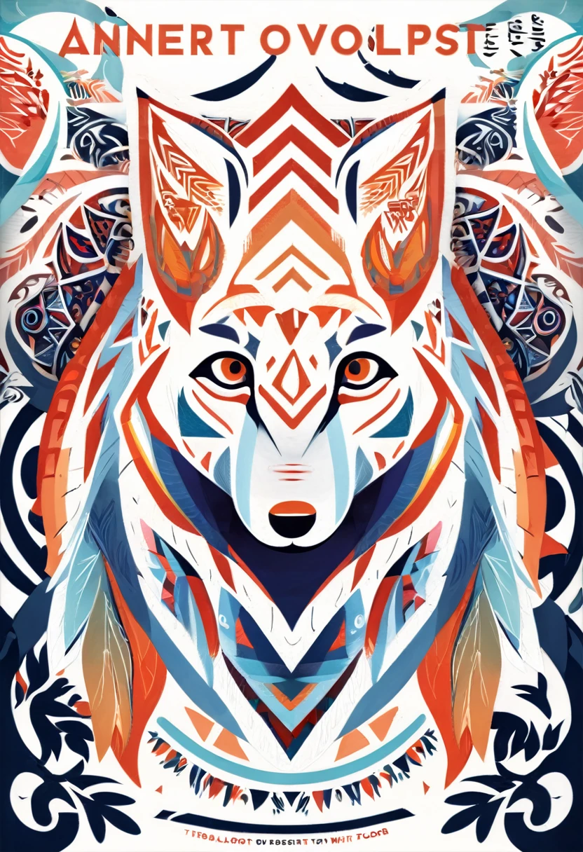 8k, cover_page, Tribal Spirit animals, A t-shirt design inspired by tribal art and folklore, featuring intricately detailed spirit animals such as wolves, The design incorporates geometric patterns and bold linework to create a striking and powerful composition, white background,