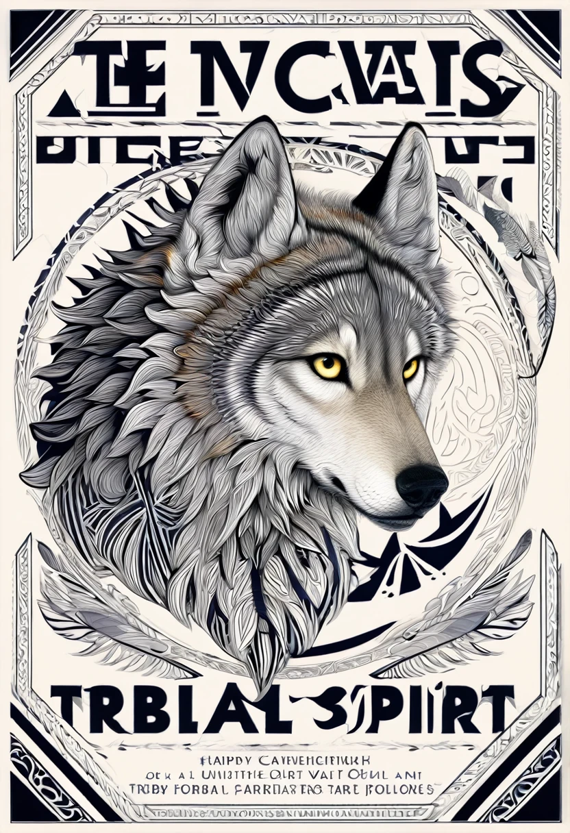 8k, cover_page, Tribal Spirit animals, A t-shirt design inspired by tribal art and folklore, featuring intricately detailed spirit animals such as wolves, The design incorporates geometric patterns and bold linework to create a striking and powerful composition, white background,