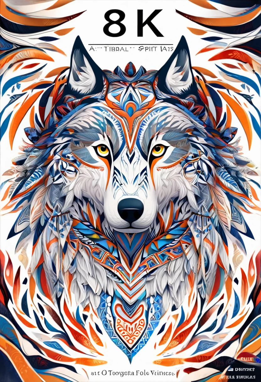 8k, cover_page, Tribal Spirit animals, A t-shirt design inspired by tribal art and folklore, featuring intricately detailed spirit animals such as wolves, The design incorporates geometric patterns and bold linework to create a striking and powerful composition, white background,