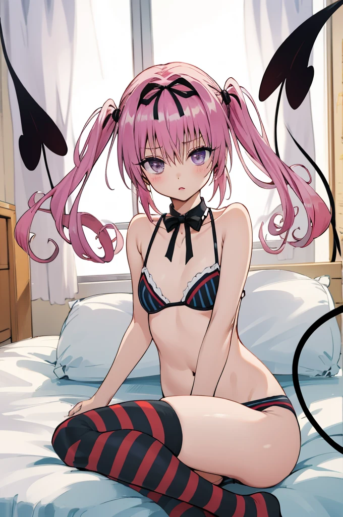 masterpiece, best quality, highres, aanana, long hair, twintails, hair ribbon, black ribbon, demon tail, bikini, striped thighhighs, my room