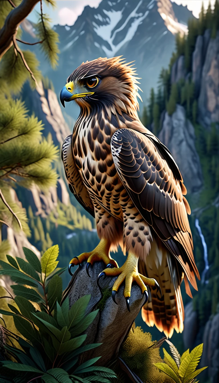 Mountains and forests,There is a kind of beast,It looks like a hawk but has human hands.(best quality,4K,8K,High level,masterpiece:1.2),Ultra Detailed,(lifelike,Photo real,Photo real:1.37),Highly detailed animals,Realistic lighting,Fantasy Creatures
