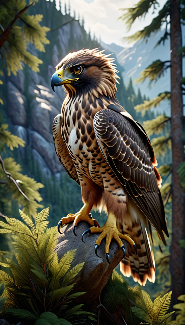 Mountains and forests,There is a kind of beast,It looks like a hawk but has human hands.(best quality,4K,8K,High level,masterpiece:1.2),Ultra Detailed,(lifelike,Photo real,Photo real:1.37),Highly detailed animals,Realistic lighting,Fantasy Creatures