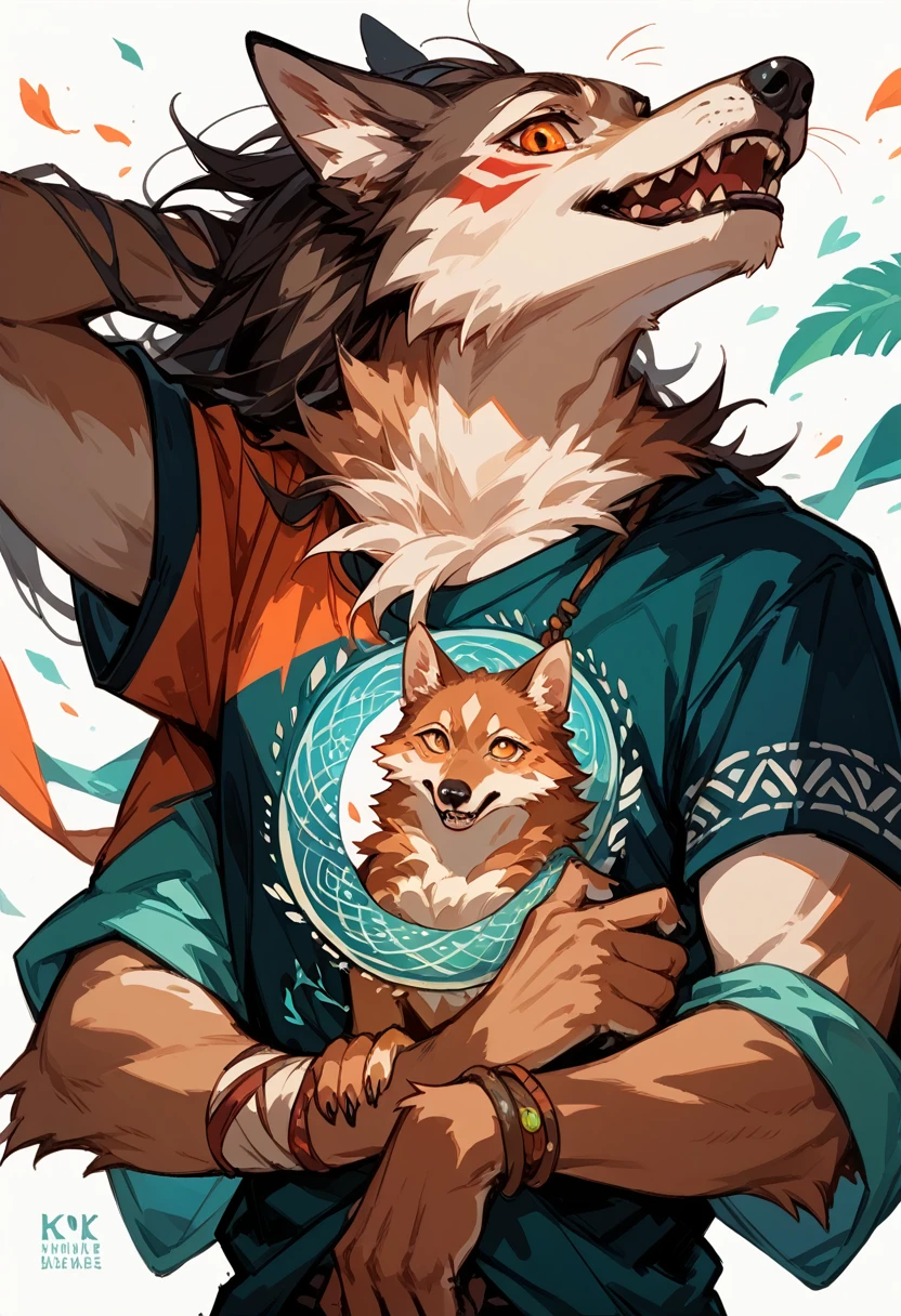 8k, cover_page, Tribal Spirit animals, A t-shirt design inspired by tribal art and folklore, featuring intricately detailed spirit animals such as wolves, The design incorporates geometric patterns and bold linework to create a striking and powerful composition, white background,