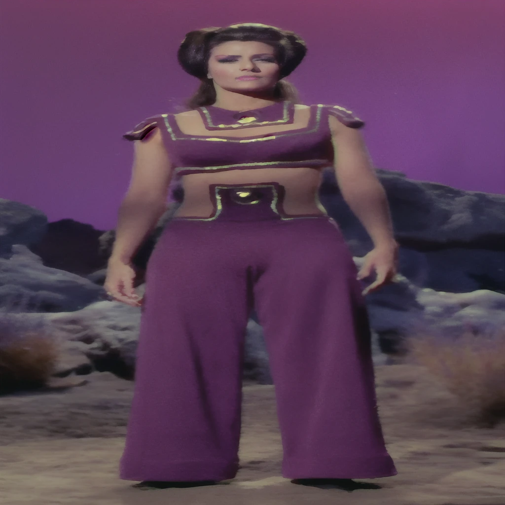 arafed beautiful nubile woman in purple genie harem outfit standing in desert twilight area with rocks, best quality, cinematic, 4k,