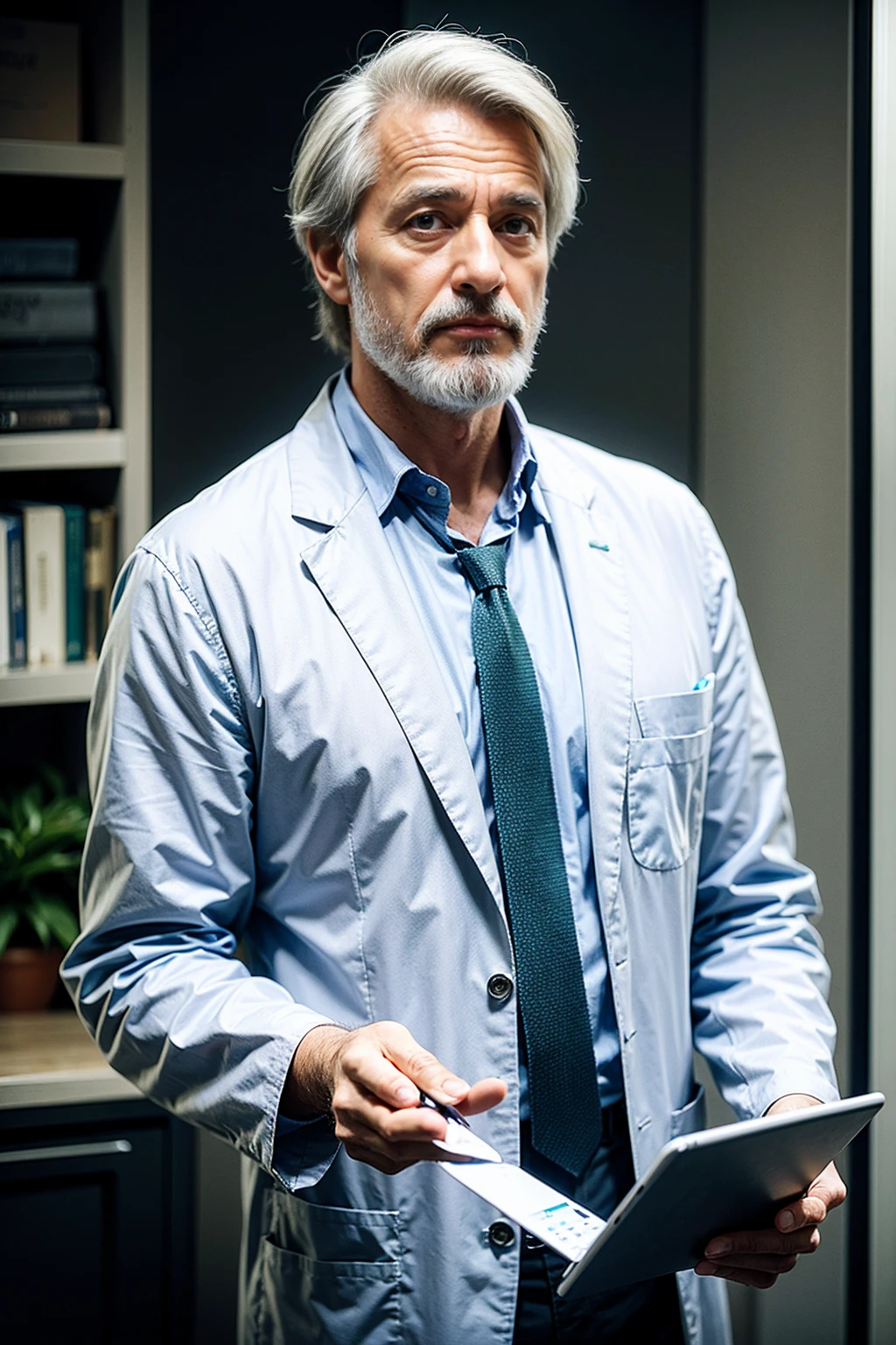 50 yr old Male doctor holding a tablet looking at the camera, gray hair and beard, white lab coat with blue button down shirt underneath, green and blue tie, ultra high res.photorealistic:1.4, UHD