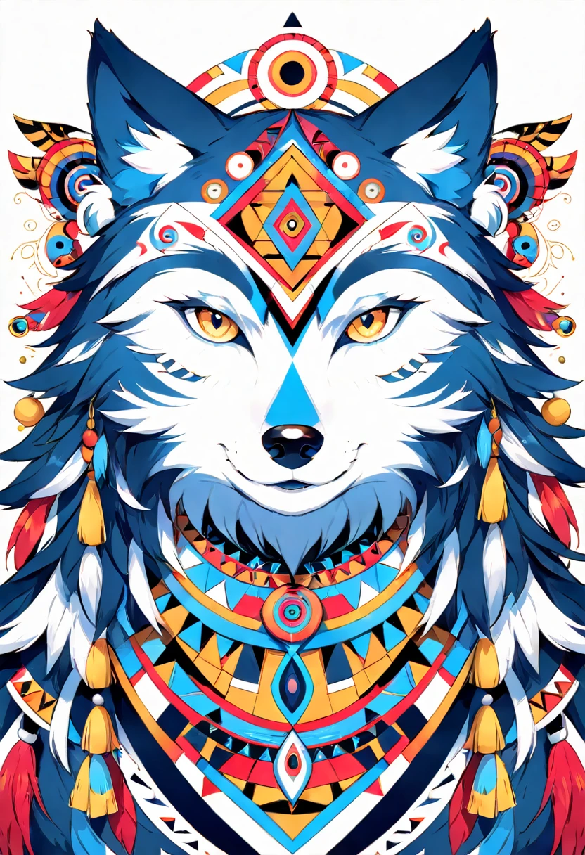 8k, cover_page, Tribal Spirit animals, A t-shirt design inspired by tribal art and folklore, featuring intricately detailed spirit animals such as wolves, The design incorporates geometric patterns and bold linework to create a striking and powerful composition, white background,