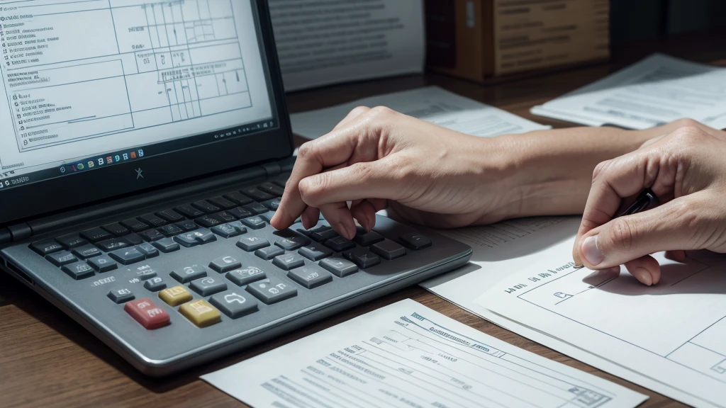 A paper with a calculation of millions, a calculator on the side, (a hand with the index finger pointing to the final result of the numbers)
