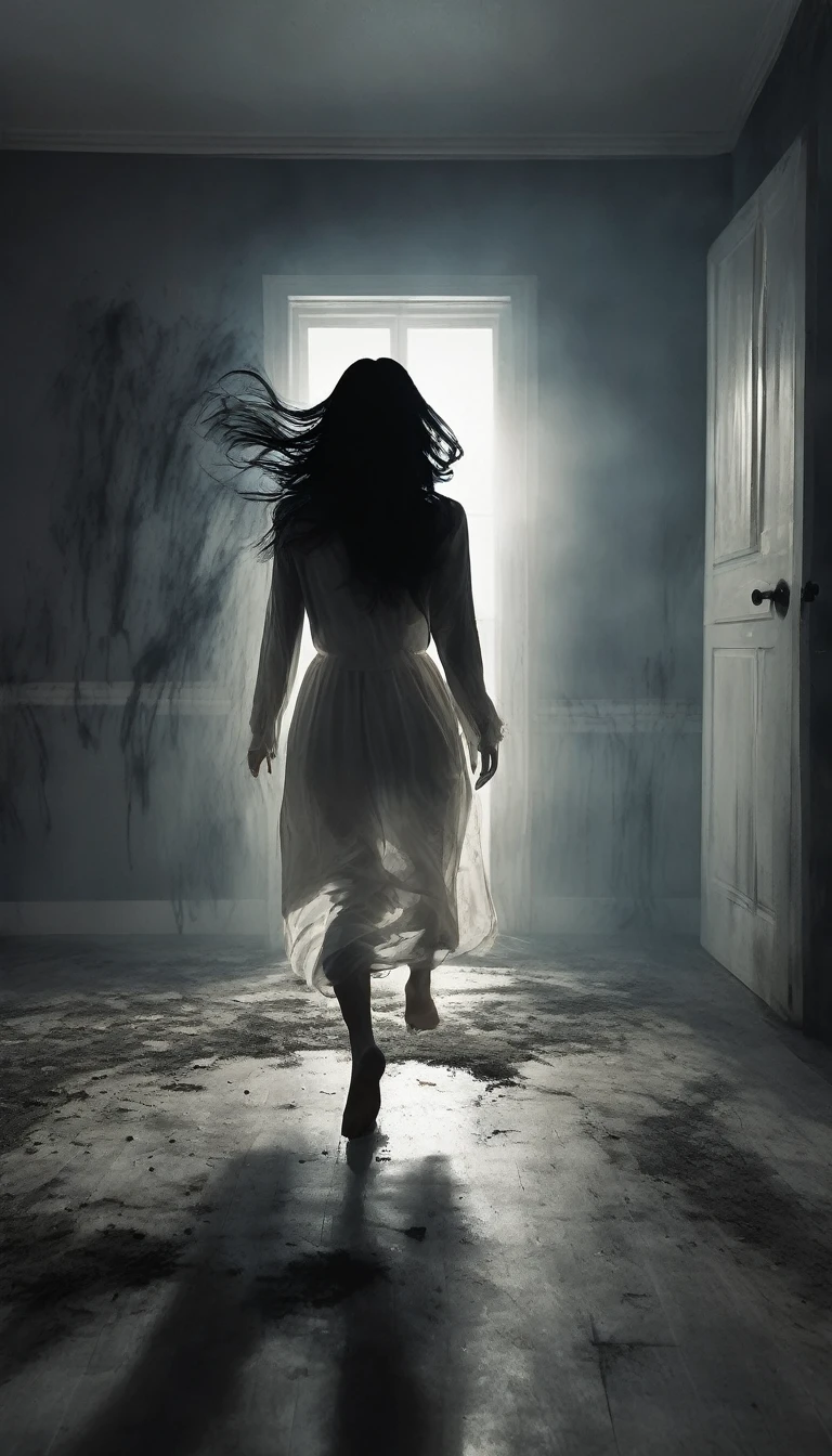 Rear view of a female figure looking at a ghostly with messy black hair and blank eyes, the standing motionless in the bedroom, the young woman running away in panic, the bedroom door closing behind her.