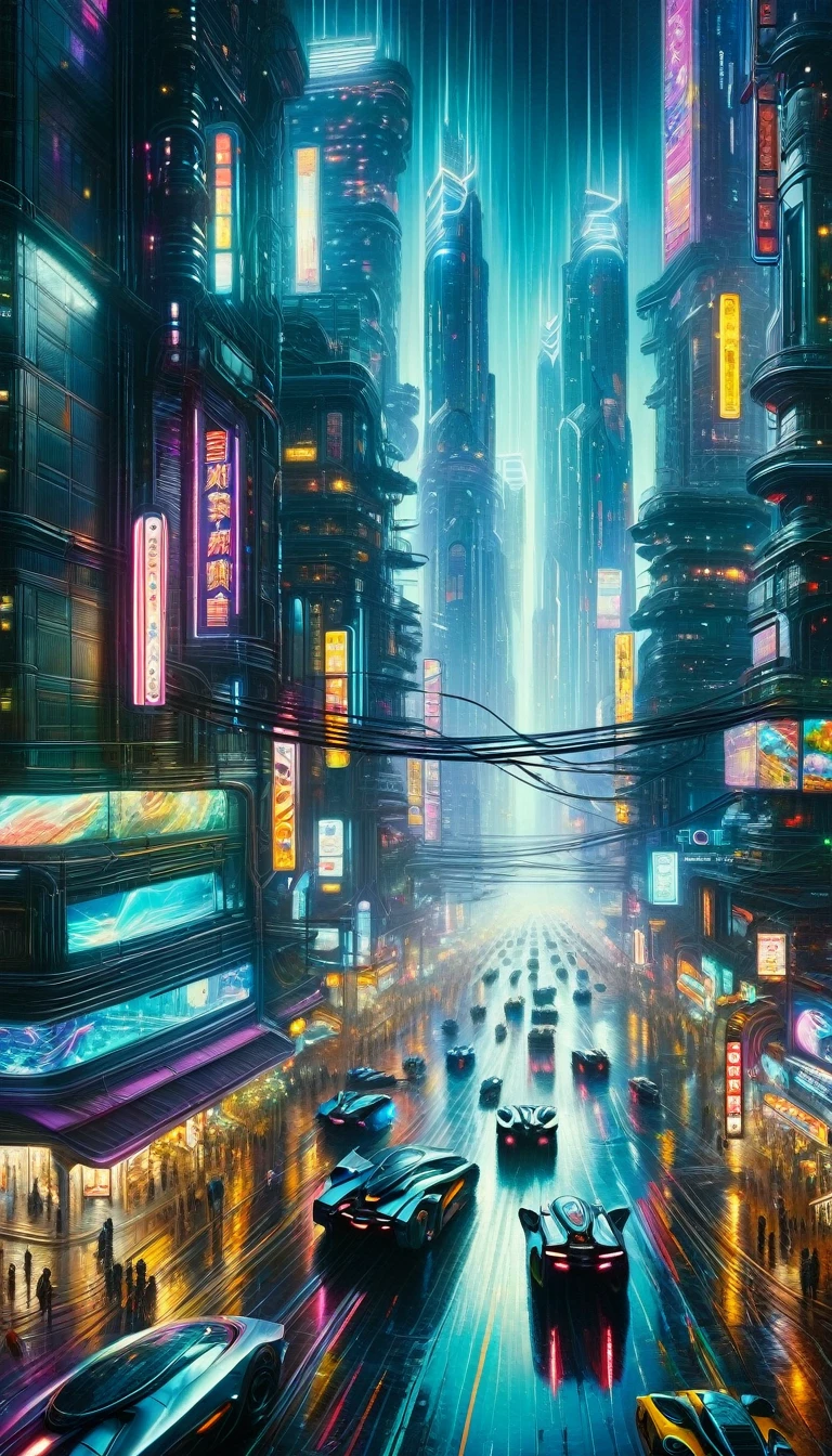 a detailed oil painting, a cyberpunk city at night, neon lights, skyscrapers, flying cars, futuristic architecture, dramatic lighting, moody atmosphere, cinematic composition, intricate details, vibrant colors, photorealistic style, masterpiece, best quality, 8k, ultra-detailed, physically-based rendering, sharp focus