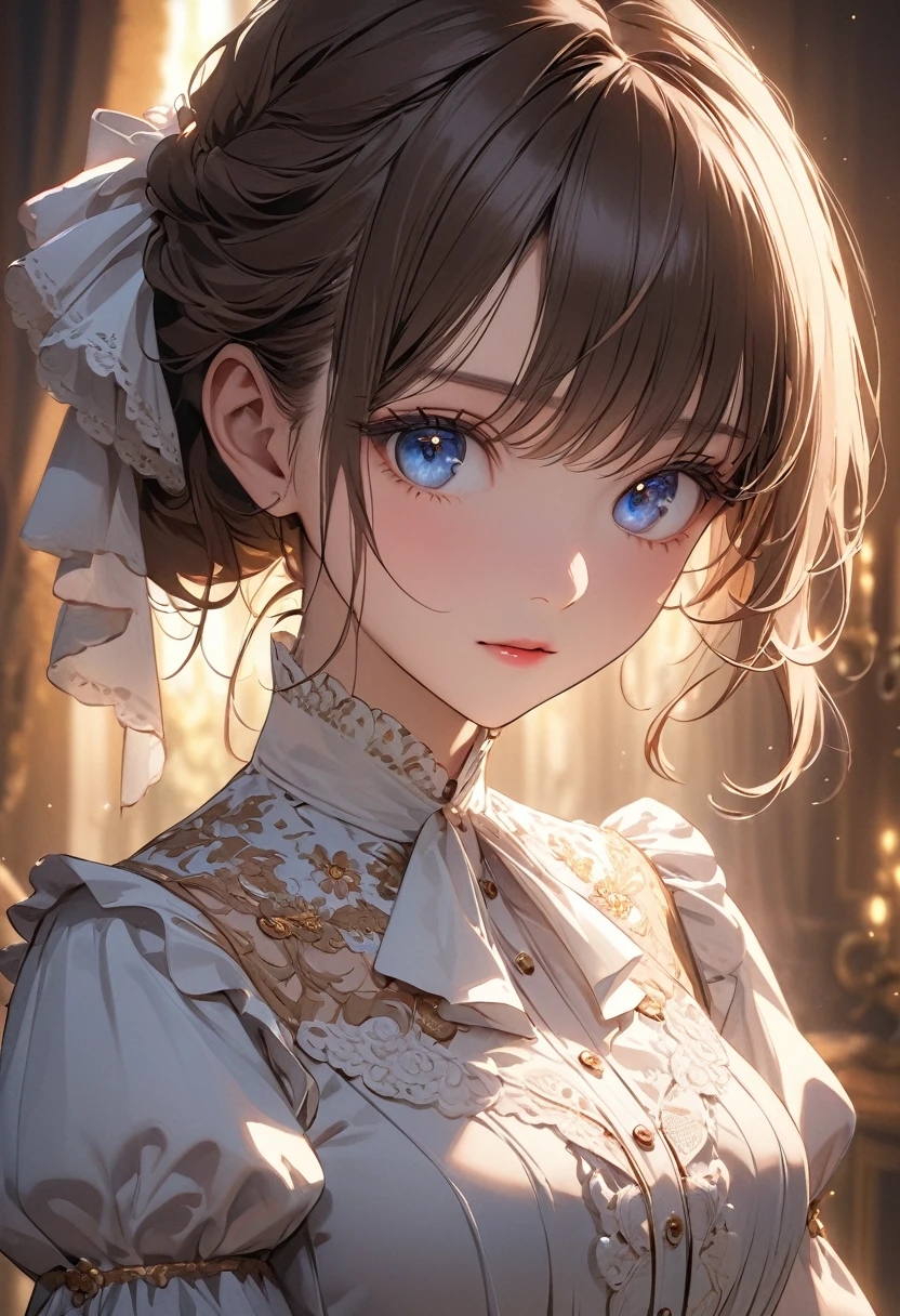 ((top quality)), ((masterpiece)), (detail), high resolution, perfect face, detailed eyes, fine eyes, cinematic lighting, 1 beautiful girl, Victorian blouse, Luxurious embroidery, medium breasts,