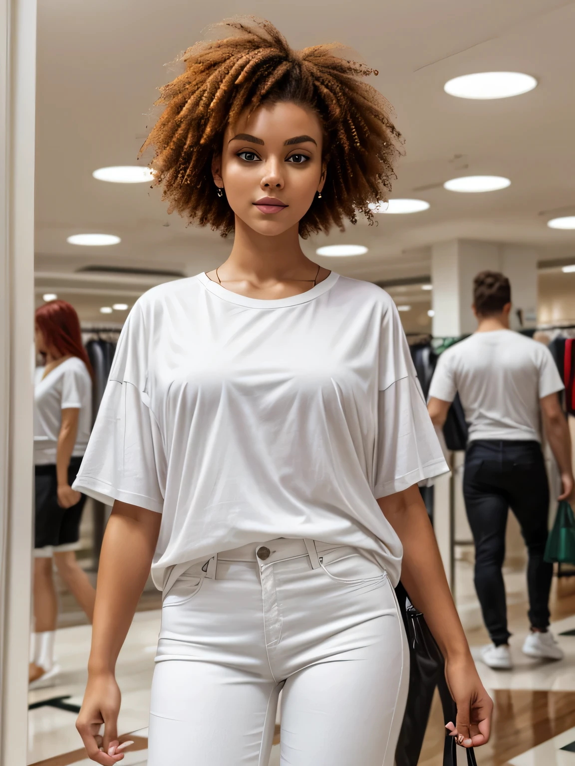 woman wearing white male loose short sleeve oversized t-shirt, tight white pants, excellent face definition, green eyes, Red hair, curly hair up, department store interior