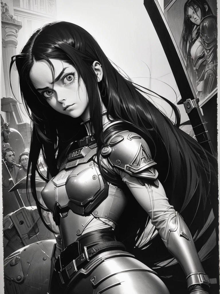 Battle angel alita represents sadness in an engraving in black and white in the style of Albrecht Dürer