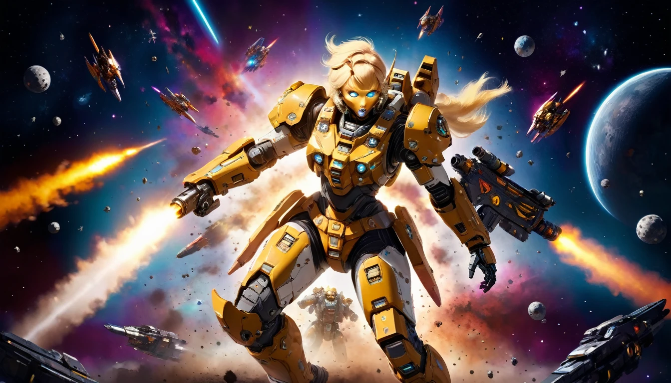 a female mech warrior in battle on a moon in space, full body shot, action shot, a tough and beautiful female mech warrior, short blond hair, dynamic eye color, intent gaze, ultra detailed face, best detailed face, she wears mech armor, and massive sci-fi gun, in battle, outer space background, stars, vibrant, Ultra-high resolution, High Contrast, (masterpiece:1.5), highest quality, Best aesthetics), best details, best quality, highres, (ultra wide angle: 1.2), 16k, ultra detailed, masterpiece, best quality, (extremely detailed),aetherpunkai, Mechanical Creatures, lasgun