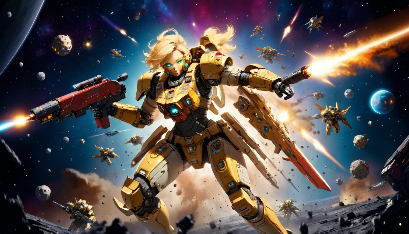 a female mech warrior in battle on a moon in space, full body shot, action shot, a tough and beautiful female mech warrior, short blond hair, dynamic eye color, intent gaze, ultra detailed face, best detailed face, she wears mech armor, and massive sci-fi gun, in battle, outer space background, stars, vibrant, Ultra-high resolution, High Contrast, (masterpiece:1.5), highest quality, Best aesthetics), best details, best quality, highres, (ultra wide angle: 1.2), 16k, ultra detailed, masterpiece, best quality, (extremely detailed),aetherpunkai, Mechanical Creatures, lasgun