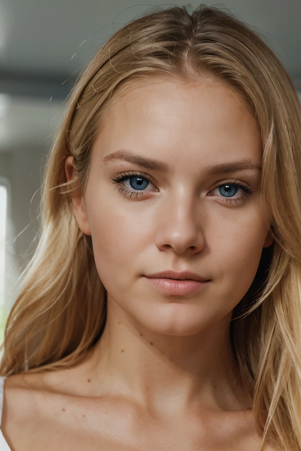 A hyper-realistic, close-up photo of An scandinavian woman in her late 20s with a neutral expression. Blond hair, dark blue eyes. Professional attire. Soft natural lighting, warm tones, vivid colors. Canon EOS 5D Mark IV quality. Focus on upper body and full face. --ar 2:1