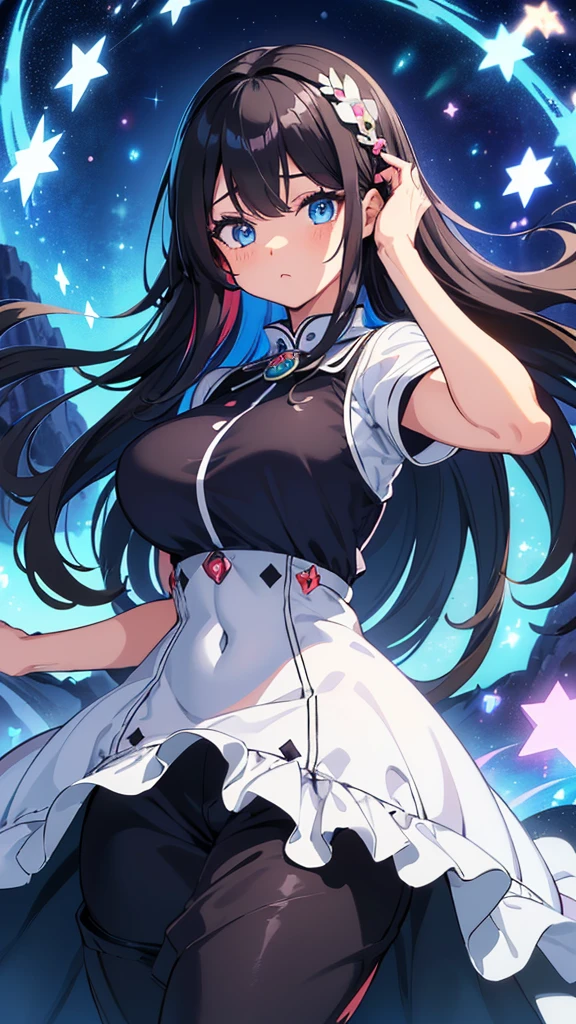 best quality, extremely detailed, anime style adult 1girl, long hair down to the waist, straight hair, ((dark black hair with bluish)), beautiful detailed eyes, pinched eyes, dark blue eyes, huge breasts,curvy, ((((kawaii white base colorful magical dress)))),((trousers)),hair accessory,((mysterious item in mysterious place)),dynamic pose,magic square,game cg,