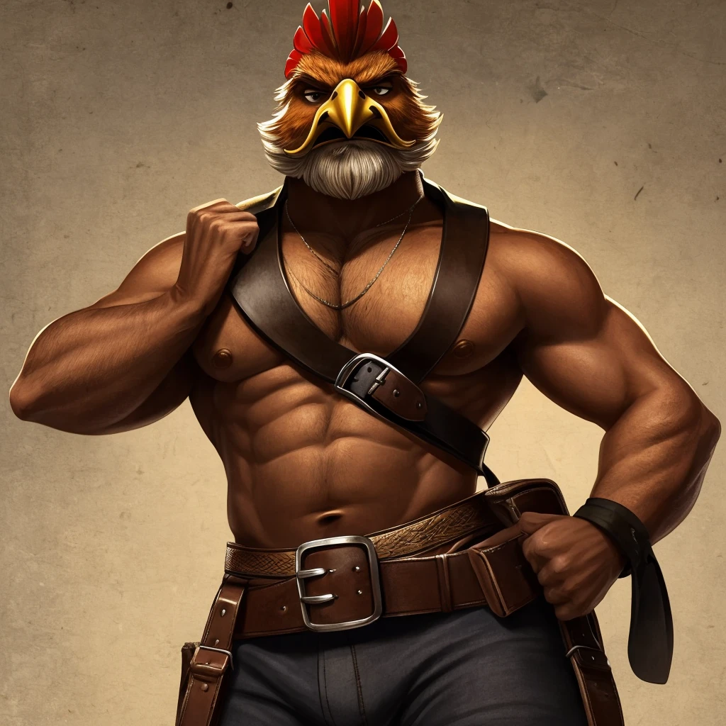 ((masterpiece,best quality)),best res, ((transparent background))El gallo is a rooster and is the leader of a Mexican gang of banditos in the early 1900s, he is well groomed but dusty and is brownish-red feathered with a big, admirable, manly, Mexican mustache, dressed only in old-timey, Mexican bandito gear (thick, worn, brown leather bullet straps crossed over his chest and traditional pistola belt around his wAIST of the same style) and stands intimidatingly at an angle with one foot forward in front of a 100% transparent background with a mildly angry, cocky expression, chin up, looking down from the slightly upward point of view of the viewer