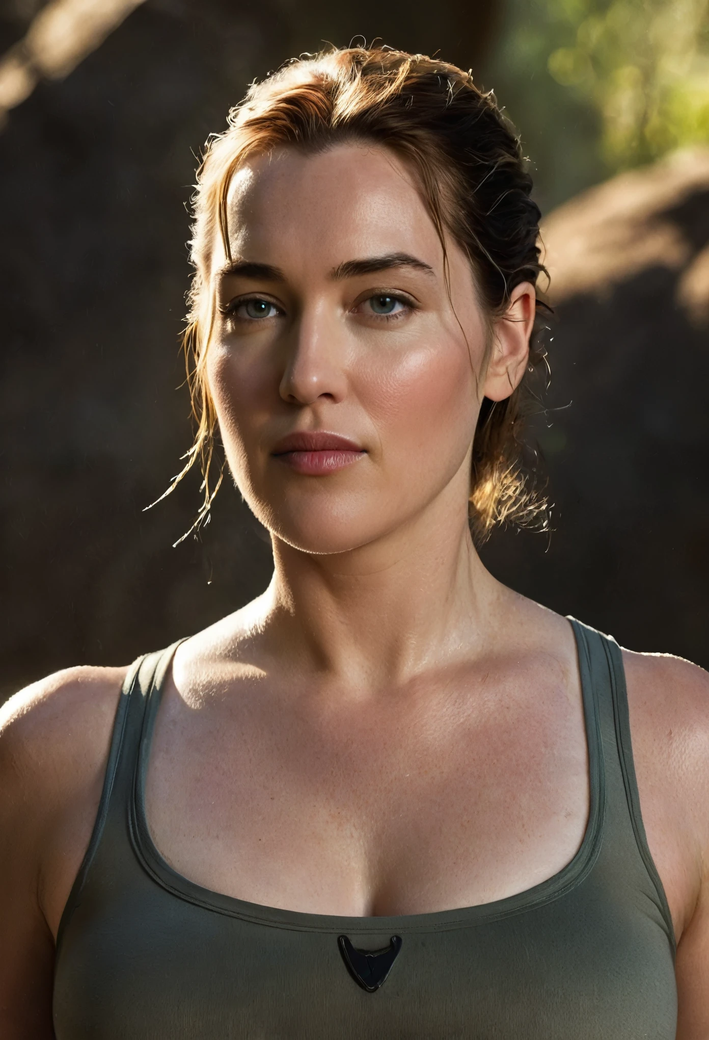 Looks like Kate Winslet, Wearing a tank top, thick figure, Capture Lara Croft in a luminous photograph that showcases her fearless spirit and undeniable beauty, Bring her to life with intricate details and a realistic portrayal,detailed skin, perfect eyes, highlighting her iconic symmetry, Realism, textured skin, super detail, award winning, best quality, 16k, retina