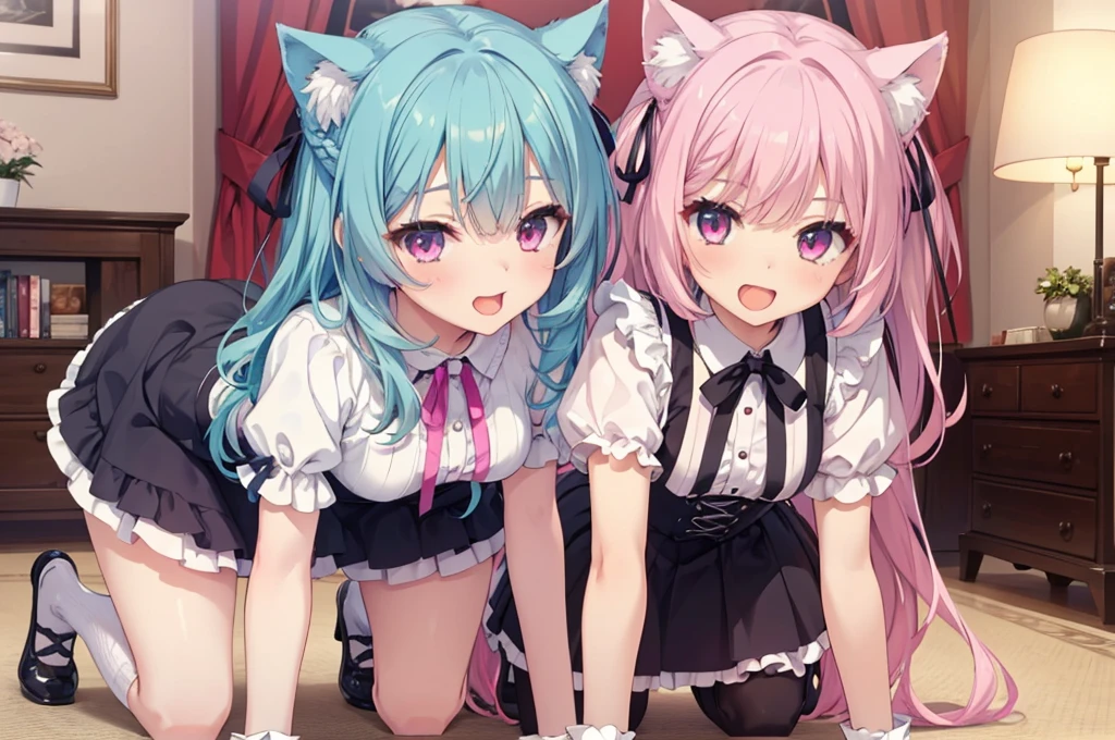 nsfw,ffm,Two Girls,On all fours,panties,penis,Blowjob,Long Tongue,Light blue hair,Light pink hairstyles，Cat ear，Pink Eyes，light blue lolita，White socks，,Pink ribbon,Laughing with your mouth open,Best image quality,Highest quality