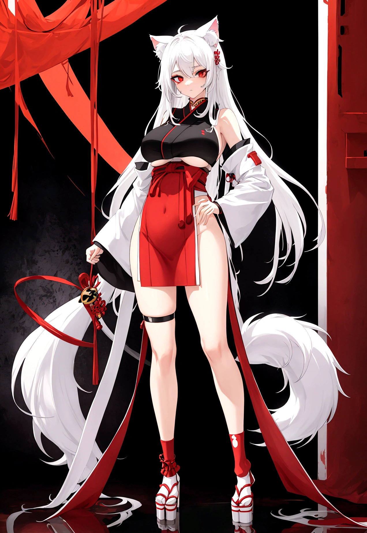Make a full body character with 2D graphics based on current anime 4k-8k The character is 22 years old.  body with big brurves. Eyes red, white cat ears, long white hair down to the ankles. Cat&#39;s furry tail. The outfit is a mix of traditional Japanese kimono, Qipao chines stylized in a cyberpunk way. The colors of the clothes are predominantly white with details of blood red and gold.. With sock 3/4 black and white, sandalhas ninja estilo cyberpunk.