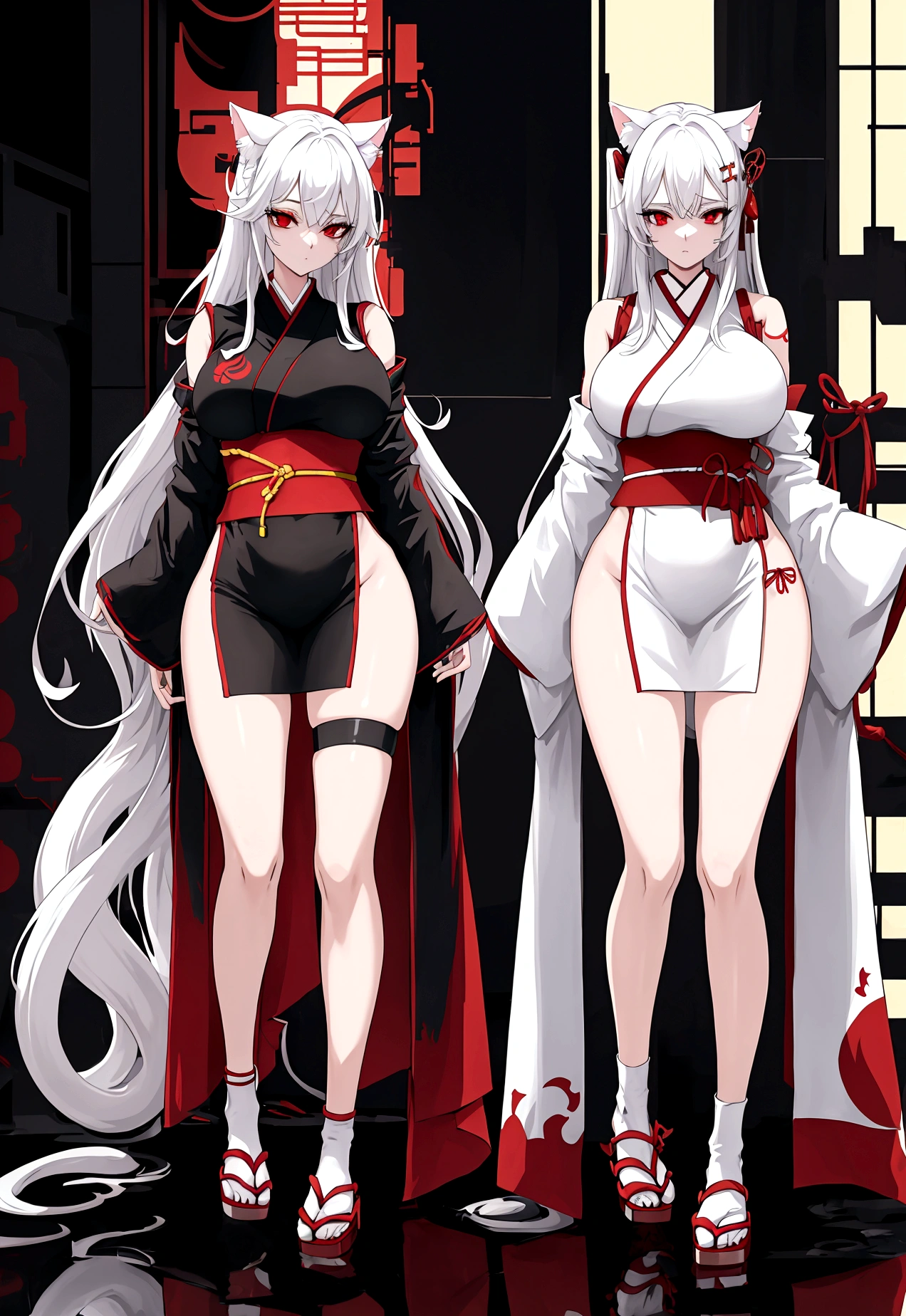 Make a full body character with 2D graphics based on current anime 4k-8k The character is 22 years old. Mature body with big breasts and curves. Eyes red, white cat ears, long white hair down to the ankles. Cat's furry tail. The outfit is a mix of traditional Japanese kimono, Qipao chines stylized in a cyberpunk way. The colors of the clothes are predominantly white with details of blood red and gold.. With sock 3/4 black and white, sandalhas ninja estilo cyberpunk.