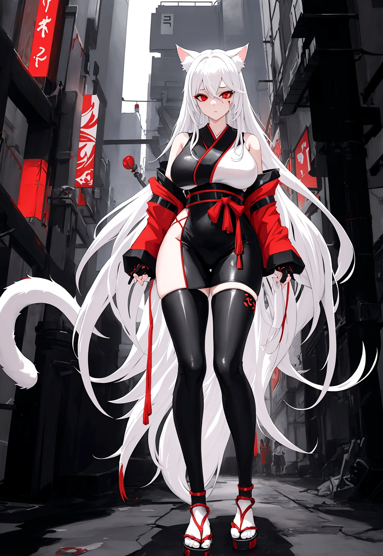Make a full body character with 2D graphics based on current anime 4k-8k The character is 22 years old. Mature body with big breasts and curves. Eyes red, white cat ears, long white hair down to the ankles. Cat's furry tail. The outfit is a mix of traditional Japanese kimono, Qipao chines stylized in a cyberpunk way. The colors of the clothes are predominantly white with details of blood red and gold.. With sock 3/4 black and white, sandalhas ninja estilo cyberpunk.