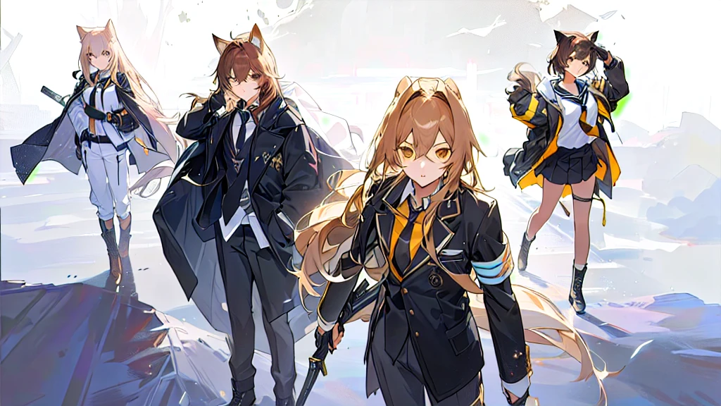 a group of anime characters are all on different terrains outdoors, multiple girls, 1boy, animal ears, jacket, boots, shirt, long hair, black jacket, brown hair, necktie, pants, weapon, skirt, black pants, white shirt, 2girls, 1boy, black footwear, sailor collar, looking at viewer, moon, simple background, perspective, Golden triangle composition, night