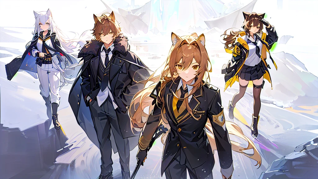 a group of anime characters are all on different terrains outdoors, multiple girls, 1boy, animal ears, jacket, boots, shirt, long hair, black jacket, brown hair, necktie, pants, weapon, skirt, black pants, white shirt, 2girls, 1boy, black footwear, sailor collar, looking at viewer, moon, simple background, perspective, Golden triangle composition, night