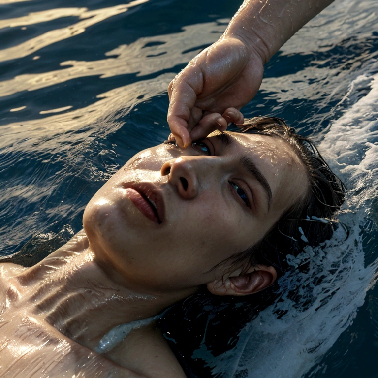 Image of one man drowning another man's mouth in river water