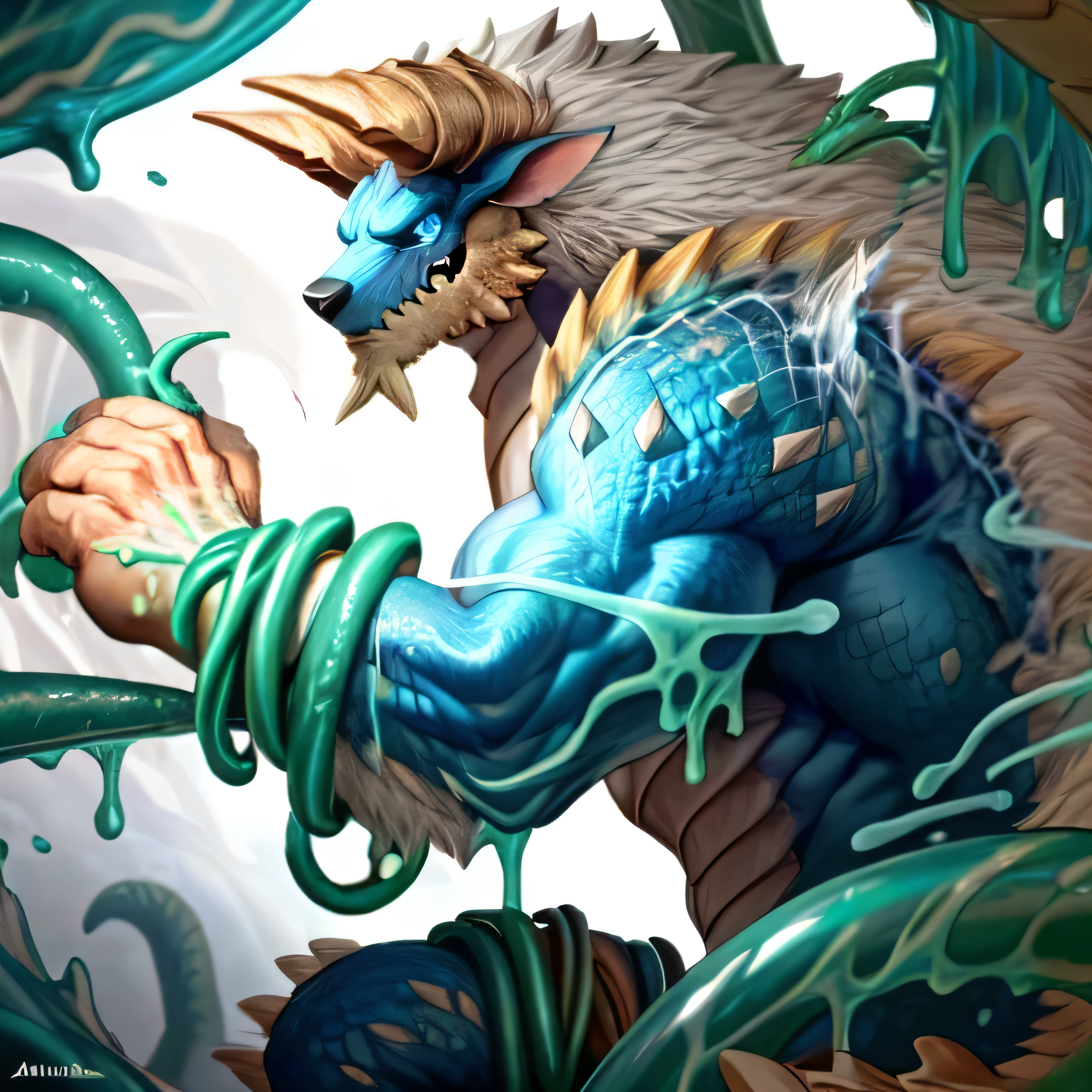 anthropology,(zinogre:1.2),Tail,((whole body,blue eyes, Blue body, White furry, Yellow Hand, Feet, Blue face,4 toes,Tail )),,muscular, whole body, (author：null-ghost,From raccoon21,masterpiece,high quality), Night Fight,((boundary)), rest (((Slime monster uses tentacles to fight dragon))，4 toes，struggle, (pain:1.3)，frown，annoyed, Worry,full body,pawpads,((horns))