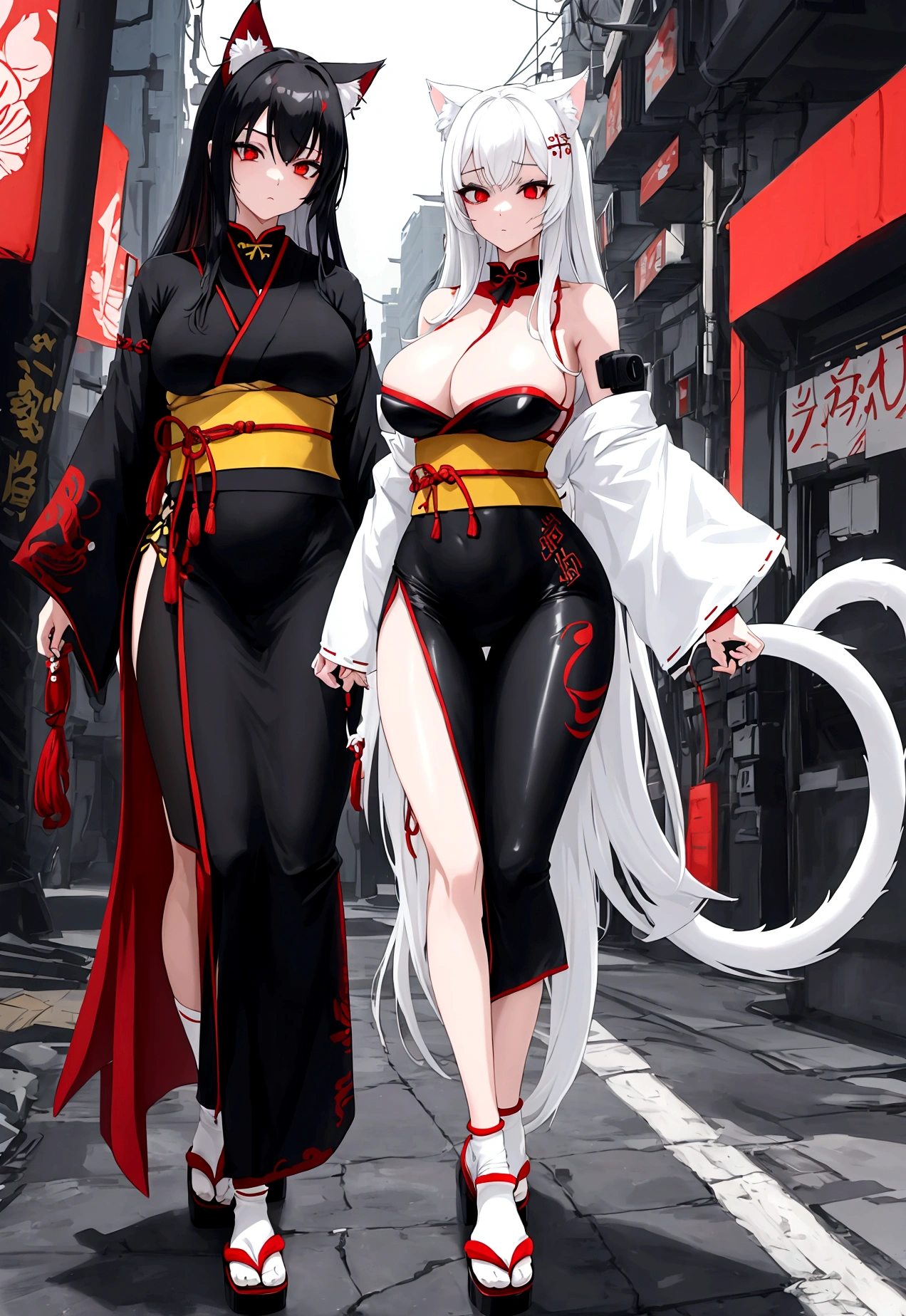 Make a full body character with 2D graphics based on current anime 4k-8k The character is 22 years old. Mature body with big breasts and curves. Eyes red, white cat ears, long white hair down to the ankles. Cat's furry tail. The outfit is a mix of traditional Japanese kimono, Qipao chines stylized in a cyberpunk way. The colors of the clothes are predominantly white with details of blood red and gold.. With sock 3/4 black and white, sandalhas ninja estilo cyberpunk.