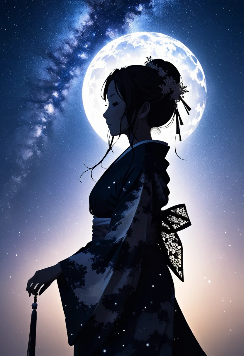 (((silhouette art))), Orihime's sadness at being separated by the Milky Way is conveyed, as she stretches out her right arm and regrets parting, close-up, profile, Close-up, arms outstretched as they bid farewell,The clothing is a kimono,Double exposure, bamboo decoration, a traditional Japanese folk costume with lace on the sleeves, moon, arigatou, from below, dynamic angle, looking away,