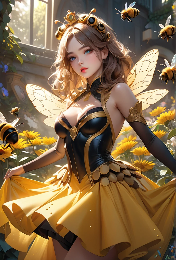 beautiful young girl, queen bee cosplay, garden, surrounded by worker bees, (highest quality,16k,highres,masterpiece:1.2),ultra-detailed,(ultra-realistic,photorealistic:1.37),extremely detailed eyes and face, longeyelashes, elegant intricate dress, beautiful detailed lips, beautiful detailed eyes, graceful poses, vibrant colors, dramatic lighting, cinematic composition, fantasy art, digital painting