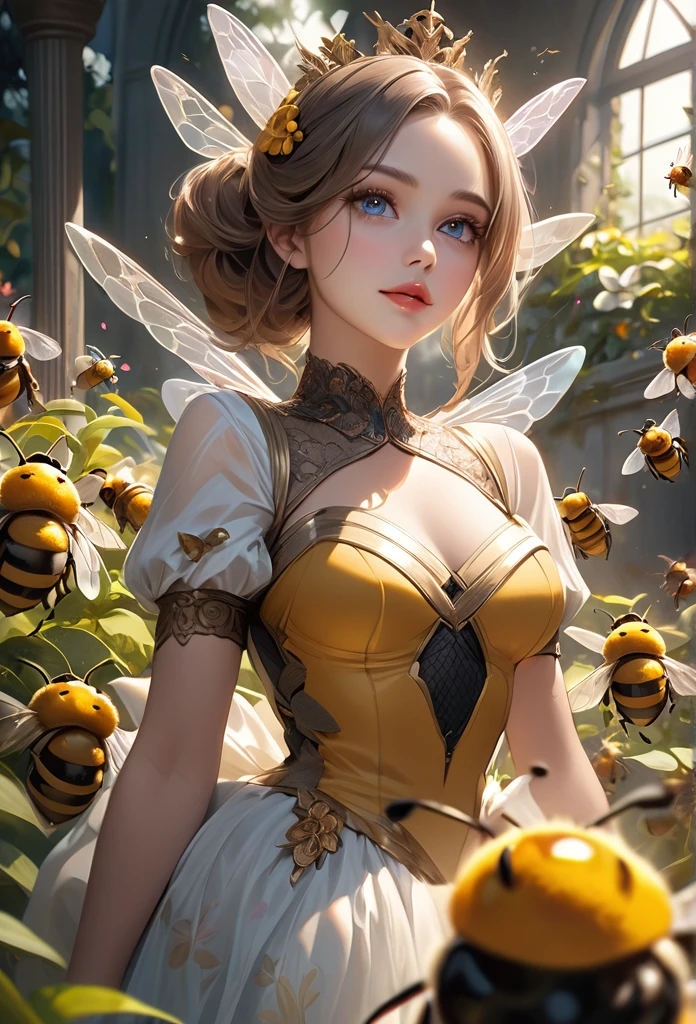 beautiful young girl, queen bee cosplay, garden, surrounded by worker bees, (highest quality,16k,highres,masterpiece:1.2),ultra-detailed,(ultra-realistic,photorealistic:1.37),extremely detailed eyes and face, longeyelashes, elegant intricate dress, beautiful detailed lips, beautiful detailed eyes, graceful poses, vibrant colors, dramatic lighting, cinematic composition, fantasy art, digital painting