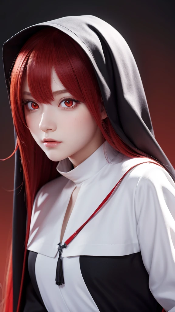 best quality,highly detailed,masterpiece,ultra-detailed,illustration,long hair,red hair, nun, 1 girl,red eyes, extremely detailed CG unity 8k wallpaper, highres, colorful,galgame, White background,Front view