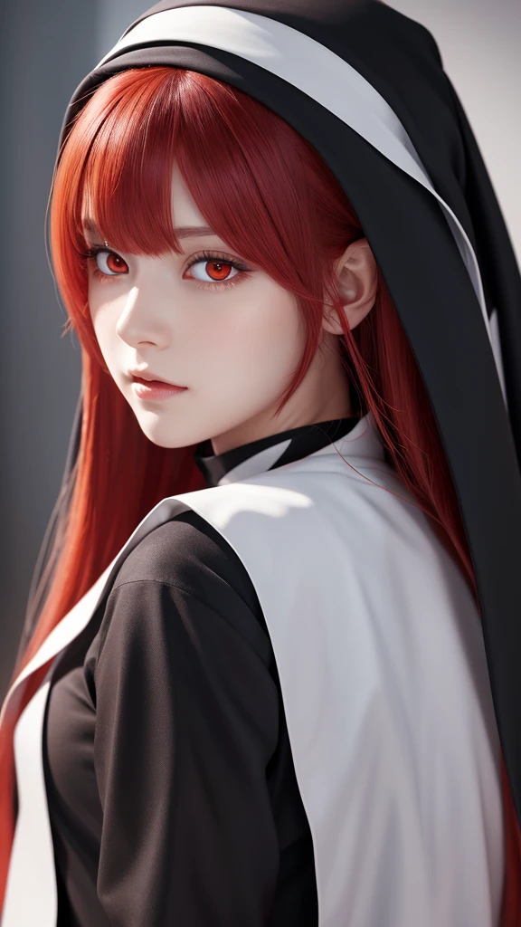 best quality,highly detailed,masterpiece,ultra-detailed,illustration,long hair,red hair, nun, 1 girl,red eyes, extremely detailed CG unity 8k wallpaper, highres, colorful,galgame, White background,Front view