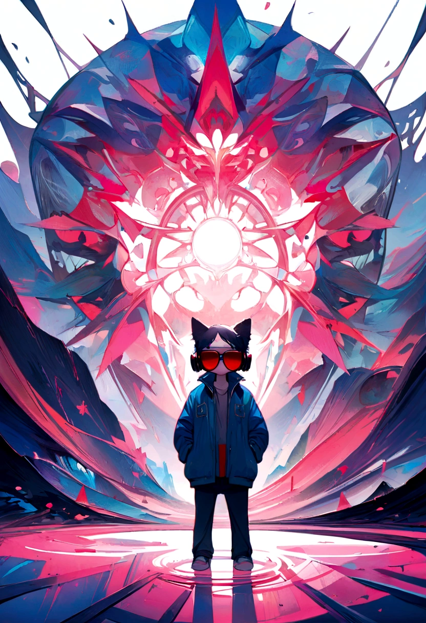 Perfect centering, A cute little kitten, Wear a student jacket, wearing sunglasses, Wearing Headphones, Standing position, abstract beauty, centred, looking at the camera, facing the camera, approaching perfection, dynamic, moonlights, highy detailed, digitalpainting, art stations, conceptual artwork, Soft, sharp focus, 8K, high definition resolution, illustration, arte de Carne Griffiths e Wadim Kashin, White background