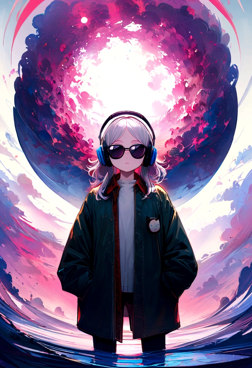 Perfect centering, A cute little kitten, Wear a student jacket, wearing sunglasses, Wearing Headphones, Standing position, abstract beauty, centred, looking at the camera, facing the camera, approaching perfection, dynamic, moonlights, highy detailed, digitalpainting, art stations, conceptual artwork, Soft, sharp focus, 8K, high definition resolution, illustration, arte de Carne Griffiths e Wadim Kashin, White background