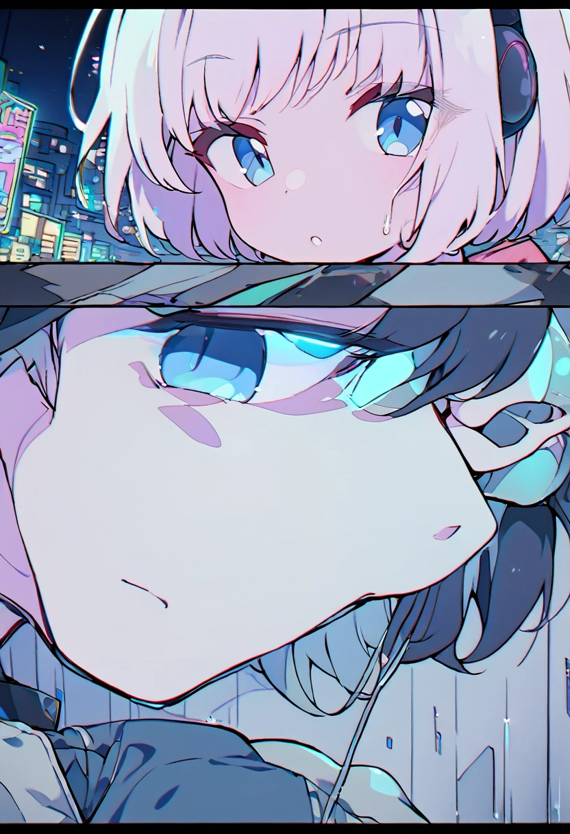 1 girl WITH SHORT HAIR, A GIRL WITH BLUE EYES, A girl in 80s anime style, Wearing headphones, retro, lo-fi, with a cassette tape, outside, outside, at night, night, night view, night景, Headshots, face close-up, intense close-up, intense close-up, The Tokyo cityscape serves as the backdrop, with its vibrant lights and neon signs illuminating the streets.